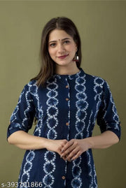 Woman Blue A-line Printed Rayon Single Stitched Three-Quarter Sleeves Calf Length Daily Wear Roll-Up With Show Button Beautiful Kurti.