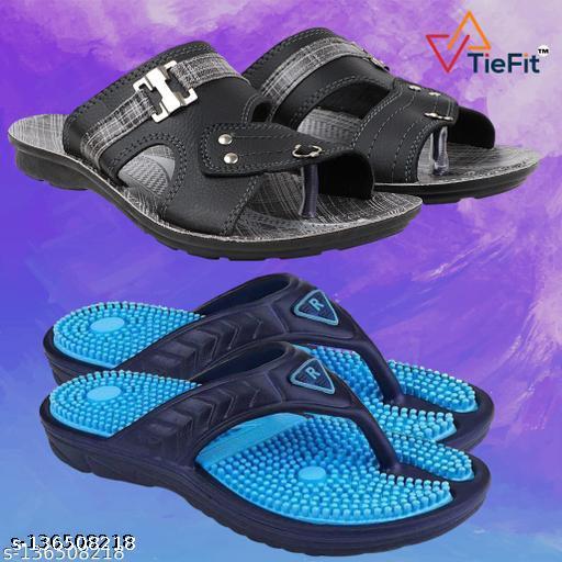 TieFit Men's Accupressure Non-Slip Slippers & TieFit Men's Thong Slipper Combo Pair Of 2