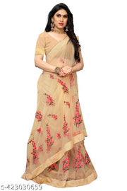 Rityanusaar Beautiful and stunning Net Floral Thread Embroidery Saree With moti Lace Border&unstitched blouse