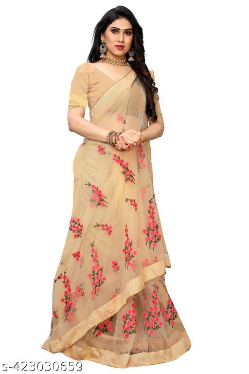 Rityanusaar Beautiful and stunning Net Floral Thread Embroidery Saree With moti Lace Border&unstitched blouse