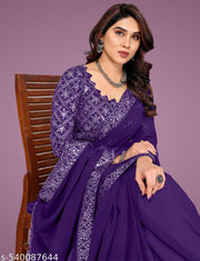 Silkra Glam Thread Embroidered Lace Plain Saree With Work Blouse And Belt