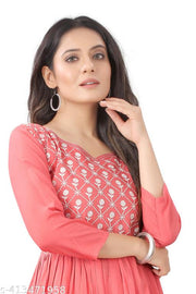 Women Embroidered Cotton Rayon Flared  Kurta  Anarkali Kurti Peach