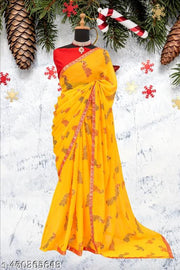 Yellow colored Matka Georgette Saree with Lace border and Blouse , bandhej sarees , BANDHANI SAREES , TRENDING SAREES , BANDHEJ SAREES , PURE GEORGETTE SAREES , SOFT GEORGETTE SAREES , BANDHNI SAREES , bandhani sarees