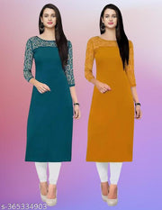 Pack of 1 Casual American Crepe And Net Round-Neck 3/4 Length Sleeves Rama & Yellow Kurti (42"Inches)