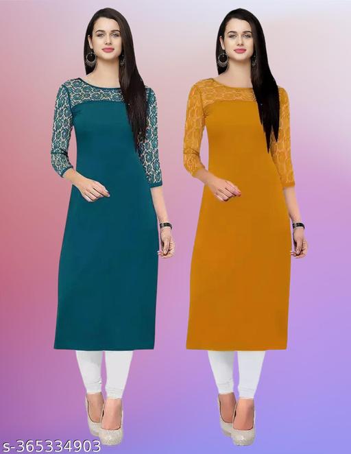 Pack of 1 Casual American Crepe And Net Round-Neck 3/4 Length Sleeves Rama & Yellow Kurti (42"Inches)