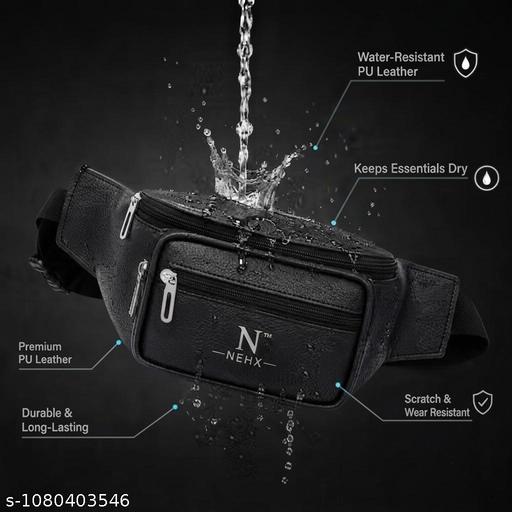 Waist Bag for Men and Women | Premium Black Faux Leather Sling Belt Bag with Multiple Zipper Compartments, Adjustable Strap, Stylish Travel, Casual & Outdoor Waist Pouch