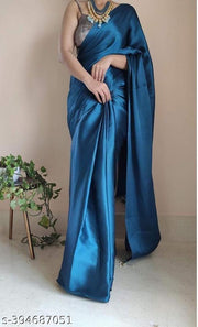 Womens Satin Blend Bollywood Saree With Brocade Blouse Piece
