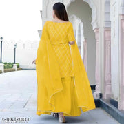 New Fabulous Rayon Yellow Woman Kurti With Bottom Wear And Dupatta[Net]