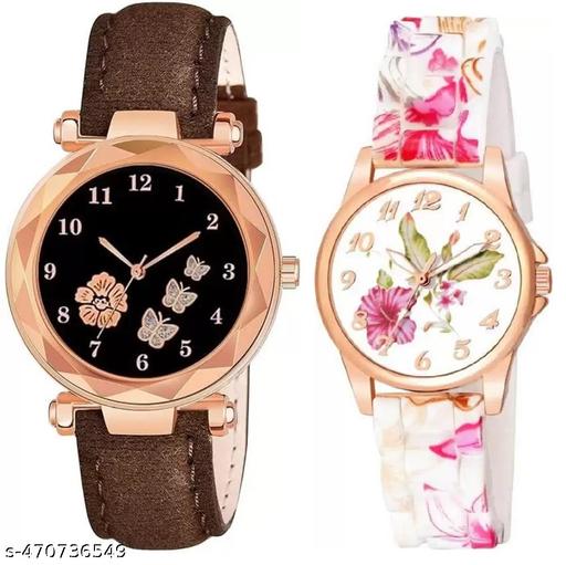 Flower Round Dial Analog Wrist Watch For  Women and Girls Pack of 2 Watch