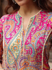 Women's  Multi print Rayon Straight Kurtis with lace work