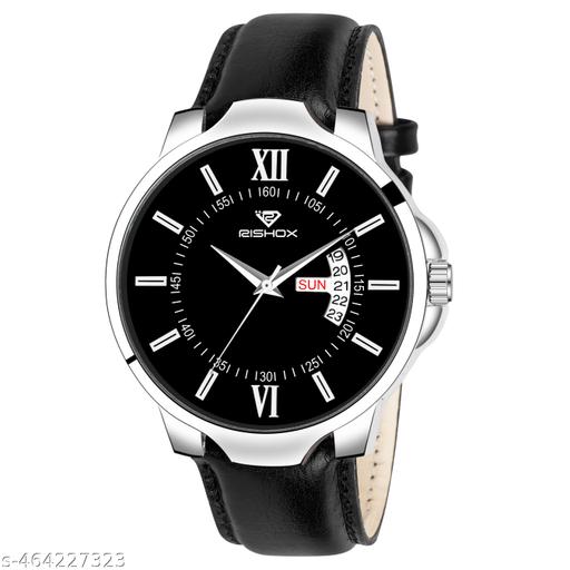 Rishox Day n Date Series Men's Black Color Dial Black leather strap Analog Watches Classic, Attractive, Professional, top-trendy and stylish Analogue Watches for Men/boys for office, school use