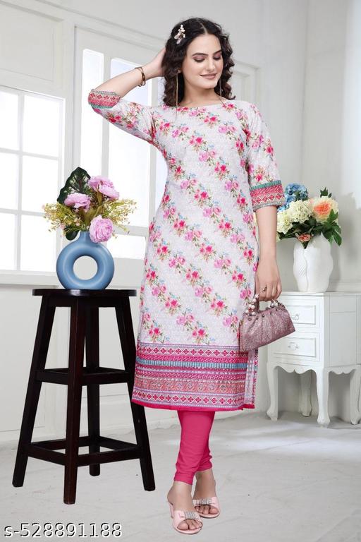 Women’s Floral Printed Straight Kurti | 3/4 Sleeve Ethnic Kurta | Round Neck Stylish Kurti | Casual, Office Wear, Daily Wear & Festive Outfit