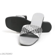 Sosu Women Stylish Grey Black Silver Woven Sliders | Designer Flat Slippers for Women | Trendy Party Wear Fancy Sandals | Comfortable Daily Wear Slides | Lightweight Fashion Chappal