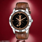 Talgo Analog Round Black Dial ALPHABET J Design Stylish Brown Leather Strap Classic Design Fancy Wrist Watch for Men and Boys, Pack of 1 - ALP-J-AVO-SIL-DBRW-CRL