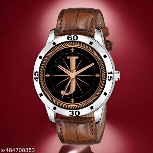 Talgo Analog Round Black Dial ALPHABET J Design Stylish Brown Leather Strap Classic Design Fancy Wrist Watch for Men and Boys, Pack of 1 - ALP-J-AVO-SIL-DBRW-CRL