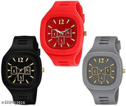 Square Dial Black Blue Grey White Red Analog Watches with Silicon Strap Stylish ADDI Designer Combo Watch for Mens & Boys Pack of 3
