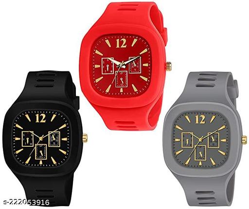 Square Dial Black Blue Grey White Red Analog Watches with Silicon Strap Stylish ADDI Designer Combo Watch for Mens & Boys Pack of 3