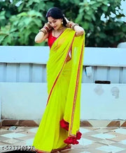 New Green Georgette Saree – Smooth Material with Beautiful Pink Lace Embroidery and Cotton Latkan – Perfect for Festive Events!