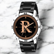 Krolexe Analog Round Black Dial ALPHABET R Design Stylish Black Rubber Strap Classic Design Fancy Wrist Watch for Men and Boys, Pack of 1 - ALP-R-AVO-SIL-CDBLK