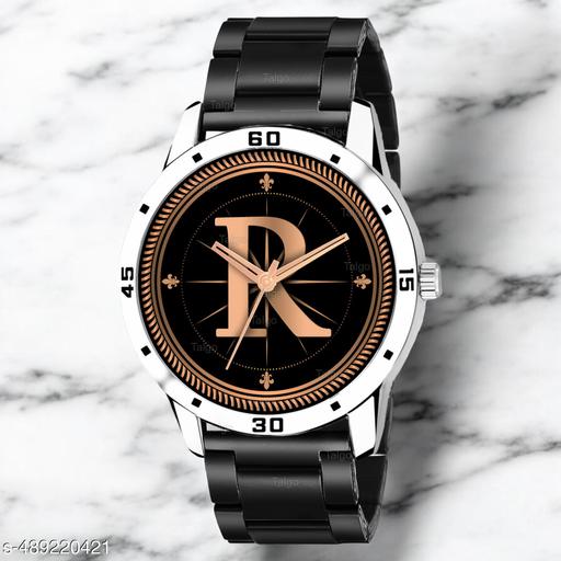 Krolexe Analog Round Black Dial ALPHABET R Design Stylish Black Rubber Strap Classic Design Fancy Wrist Watch for Men and Boys, Pack of 1 - ALP-R-AVO-SIL-CDBLK