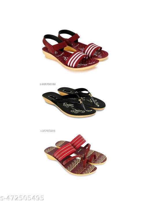 HIYAGA Women’s Red Sandal, Black Slipper, and Red Fancy Slipper Stylish Comfortable, Light Weight Pack of 3