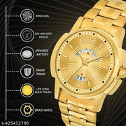 Elegant Fashion Style Men Golden Day Date Waterproof Watch Round Dial With One Year Golden Polish Warranty