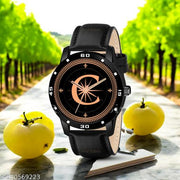 Femeo Analog 9112 Watches Round Black Dial C Design Stylish Black Leather Strap Classic Design Fancy Wrist Watch for Men and Boys, Pack of 1 - A07ZALPHA-C-AVO-BLK-L