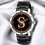 Welix Analog Round Black Dial ALPHABET S Design Stylish Black PU Strap Classic Design Fancy Wrist Watch for Men and Boys, Pack of 1 - ALPHA-S-AVO-SIL-CDBLK