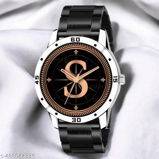 Welix Analog Round Black Dial ALPHABET S Design Stylish Black PU Strap Classic Design Fancy Wrist Watch for Men and Boys, Pack of 1 - ALPHA-S-AVO-SIL-CDBLK