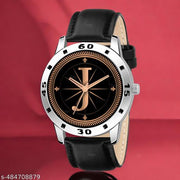 Talgo Analog Round Black Dial ALPHABET J Design Stylish Black Leather Strap Classic Design Fancy Wrist Watch for Men and Boys, Pack of 1 - ALP-J-AVO-SIL-BLK-L