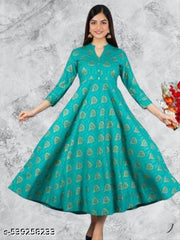 krishna_creation  Womens Print Kurta -Rayon  3/4 sleeves, Mandarin and Calf Length