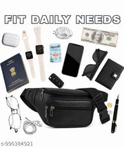 NEHX Premium Leather Waist Bag for Men & Women, Multi Pocket Sling Belt Bag, Adjustable Crossbody Chest Bag, Water Resistant Travel Pouch, Stylish Fanny Pack for Travel, Daily Use, Hiking, Cycling, Running & Outdoor Activities, Black