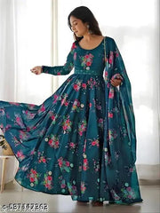 Ledies Stylish Fancy Trendy Printed Poly Georgette Maxi Flared Gown For Women For Party Wedding Festival Functions very comfortable