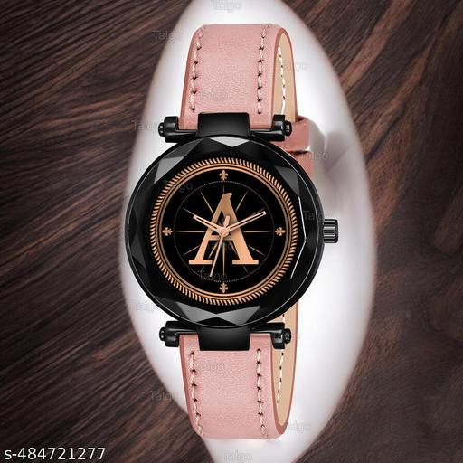 Talgo Analog Round Black Dial ALPHABET A Design Stylish Peach Leather Strap Classic Design Fancy Wrist Watch for Women and Girls, Pack of 1 - ALP-A-GEN-BK-PCH-L