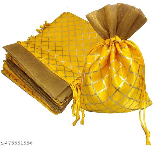 3A FEATURETAIL 13Cm X 18Cm 10pc Yellow Color Golden Berfi Small Drawstring Bags Pouches Potli For Gift, Jewelry, Dryfruits & Candy