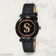Atix ALPHABET "S" Classic Analog Wrist Watch for Women & Girls - New Arrival with Stylish Black Dial and Black Leather Strap| Pack of 1 | ALPHA-S-GEN-BK-BLK-CUTL