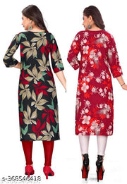 Polyster/Crepe fabric-Stylish Women's MultiColor Digital Printed Straight Kurti (COMBO-2)