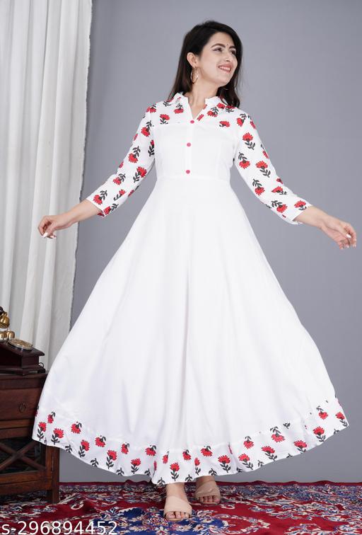 Women's White Rayon Anarkali Gown with Pink Floral Print & Button Detail