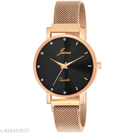 Jainx JW8581 Black Dial Rose Gold Mesh Chain Analog Wrist Watch for Women