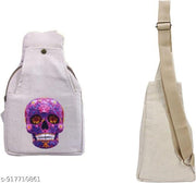 Off White Hemp Sling Bag with Purple Floral Sugar Skull Print | Adjustable Crossbody Shoulder Bag for Women & Girls, Eco-Friendly Canvas Travel Bag, Casual College Messenger Purse