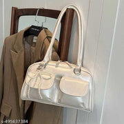 Shiny White Double Pocket Decor Shoulder Bucket Bag With Pearl Keychain For Women