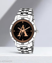Prathshya Analog Round Black Dial ALPHABET A Design Stylish Silver Stainless Steel Strap Classic Design Fancy Wrist Watch for Men and Boys, Pack of 1 - ALPHA-A-AVO-SIL-STL
