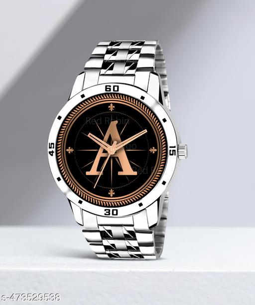 Prathshya Analog Round Black Dial ALPHABET A Design Stylish Silver Stainless Steel Strap Classic Design Fancy Wrist Watch for Men and Boys, Pack of 1 - ALPHA-A-AVO-SIL-STL