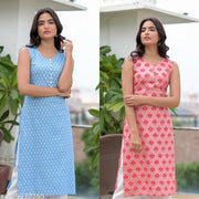 Women Stylish Rayon Fabric Slevless kurta 2 pic Combo(blue and pink)