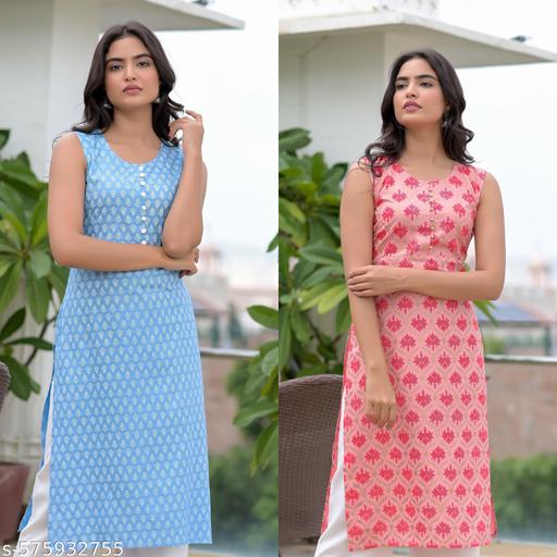 Women Stylish Rayon Fabric Slevless kurta 2 pic Combo(blue and pink)