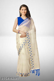Designer Net Mirror Embroidery Saree with Floral Border and Contrast Blouse