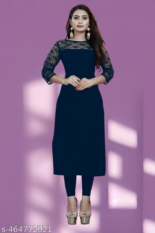 Casual American Crepe and Round Neck 3/4 Legnth Sleeve Navy Blue Kurti (45"inches)