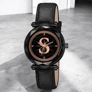 Krolexe Analog Round Black Dial ALPHABET S Design Stylish Black Leather Strap Classic Design Fancy Wrist Watch for Women and Girls, Pack of 1 - ALP-S-GEN-BK-BLK-L