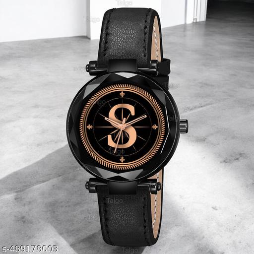Krolexe Analog Round Black Dial ALPHABET S Design Stylish Black Leather Strap Classic Design Fancy Wrist Watch for Women and Girls, Pack of 1 - ALP-S-GEN-BK-BLK-L