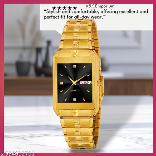 V&K Emporium  Men's Golden rectangular wristwatch.
